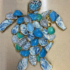 Blue and Gold Decorative Oyster Shell Sea Turtle